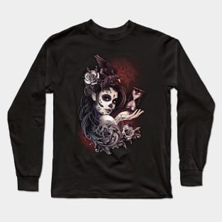 Sugar Skull day of the dead Girl with Crow Roses Long Sleeve T-Shirt